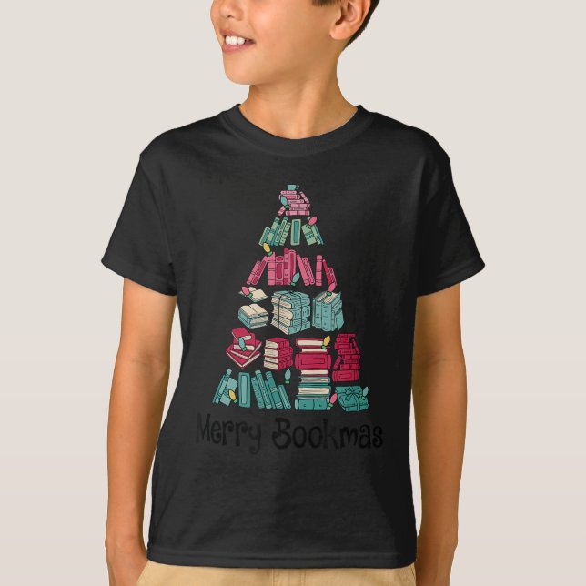 Merry Bookmas Books Ne Tree Funny Reading Lover Ch T-Shirt (Front)