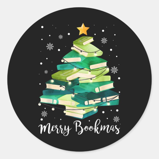 Merry Bookmas Books Pine Tree Fun Reading Lover Ch Classic Round Sticker (Front)