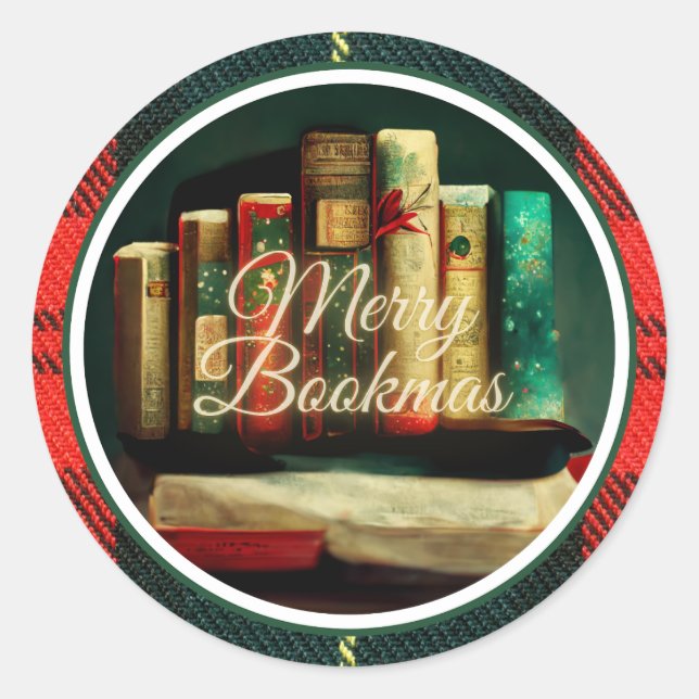 Merry Bookmas, Readers and Book Lovers Christmas Classic Round Sticker (Front)