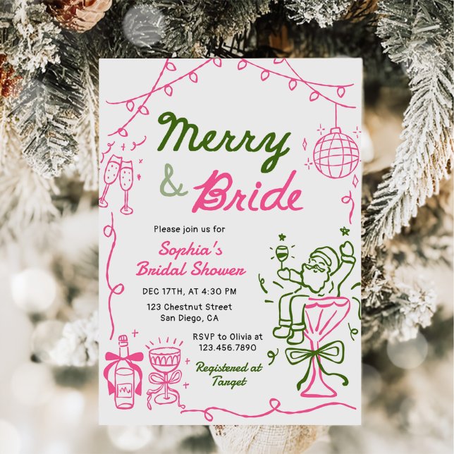 Merry & Bride Hand Drawn Christmas Bridal Shower Invitation (Creator Uploaded)