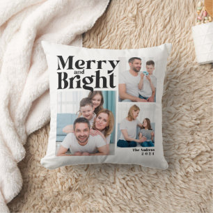 Merry & Bright 3 Family Photo Collage Christmas Cushion