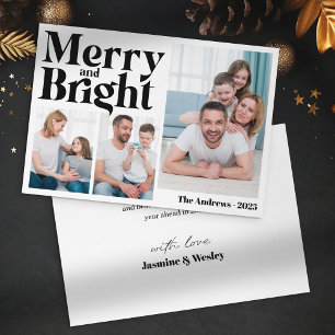 Merry & Bright 3 Family Photo Collage Christmas Holiday Card