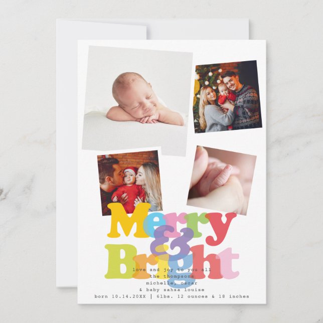 Merry Bright 4 Photo Christmas Birth Announcement (Front)