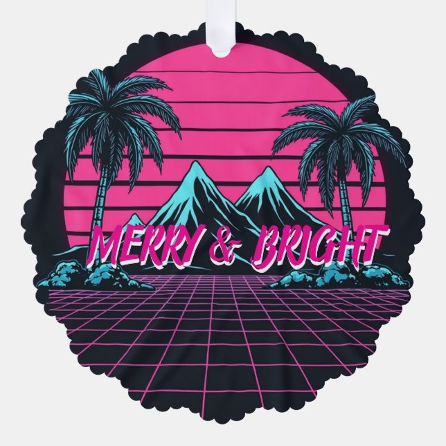 Merry & Bright 80's Night' Retro Synthwave  Tree Decoration Card (Front)