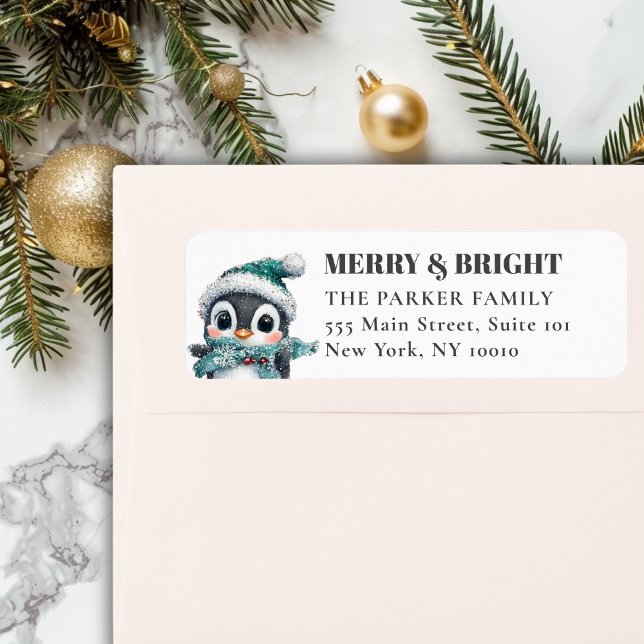 MERRY & BRIGHT! Adorable, Penguin With Santa Hat (MERRY & BRIGHT! Adorable, Penguin With Santa Hat, Address Return Label.)