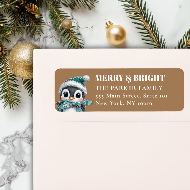 MERRY & BRIGHT! Adorable, Penguin With Santa Hat (MERRY & BRIGHT! Adorable, Penguin With Santa Hat, Address Return Label.)