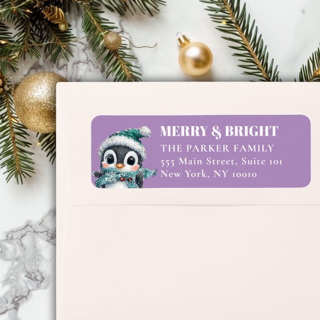 MERRY & BRIGHT! Adorable, Penguin With Santa Hat (MERRY & BRIGHT! Adorable, Penguin With Santa Hat, Address Return Label.)