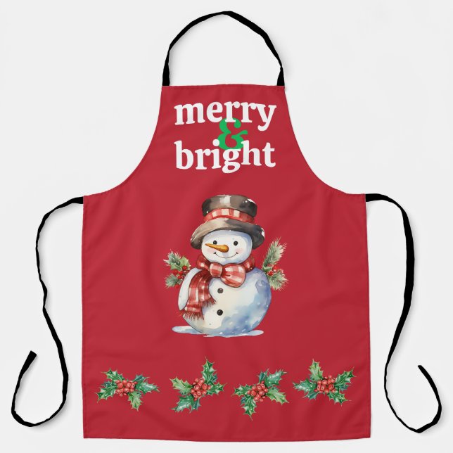 "Merry & Bright" All-Over Print Christmas Apron (Front)