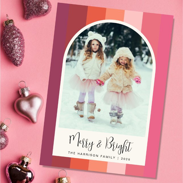 Merry Bright Arch Photo Pink Christmas Holiday Card (Capture the essence of the holiday season and share the warmth of your love and laughter)