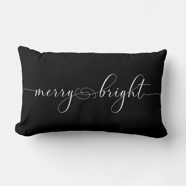Merry Bright Black Calligraphy Holiday Christmas Lumbar Cushion (Front)