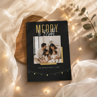 Merry & Bright Black Gold Christmas Photo Holiday Card