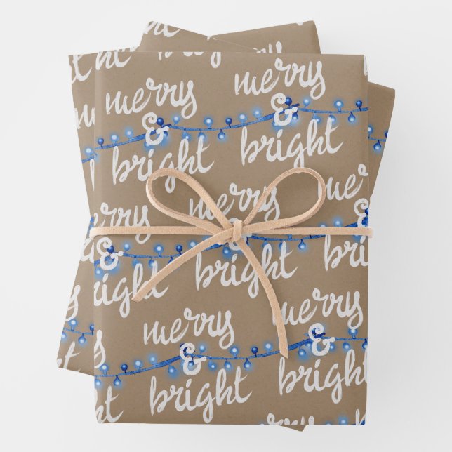 Merry & Bright Blue Christmas Tree Lights Kraft Wrapping Paper Sheet (In situ)