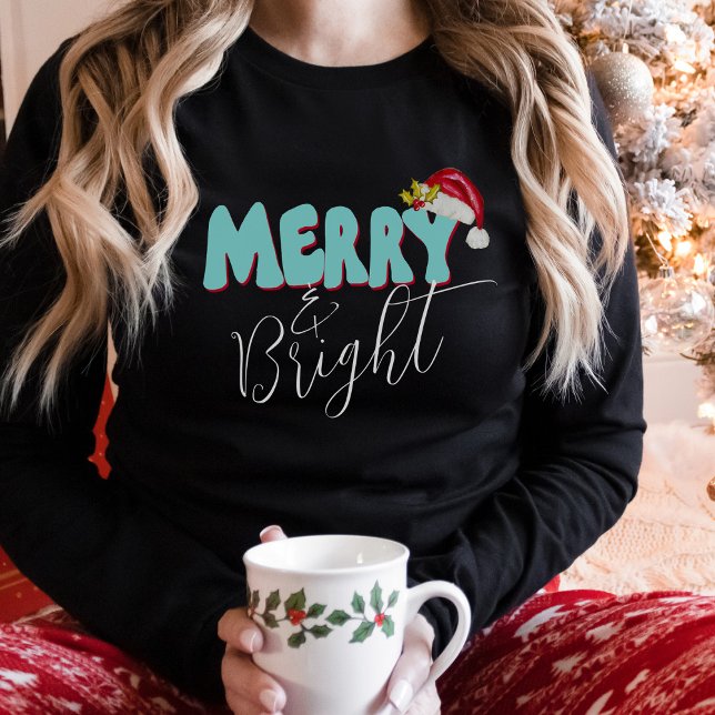 Merry Bright Blue Red Retro 80's Font Santa Hat T-Shirt (Hand lettered and hand painted minimalist Christmas Design "Merry and Bright")