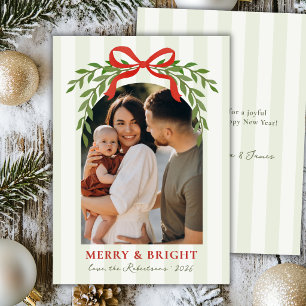 Merry & Bright Bow Greenery Arch Photo Christmas Holiday Card
