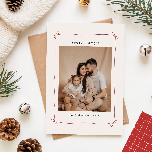 Merry & Bright Bow Ribbon Family Christmas Photo Holiday Card (Creator Uploaded)