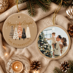 Merry & Bright Brown Personalised Christmas Photo  Ceramic Tree Decoration