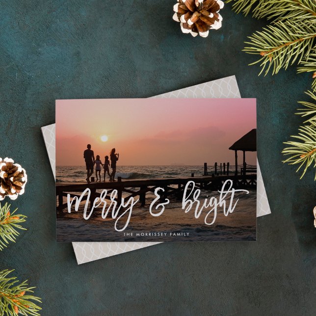 Merry & Bright Brush Lettered Photo Holiday Card (Creator Uploaded)