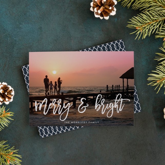 Merry & Bright Brush Lettered Photo Holiday Card (Creator Uploaded)
