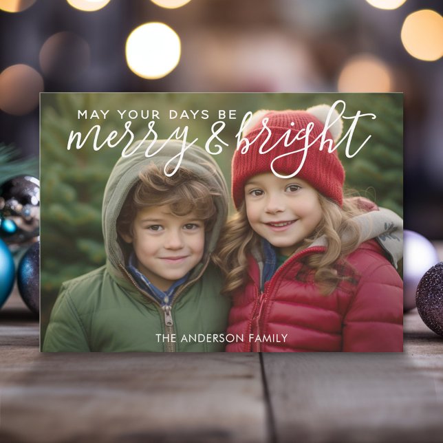 Merry & Bright Calligraphy - Full Horizontal Photo Holiday Card (Modern Christmas Photo Greeting Card)