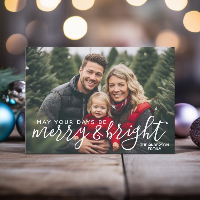 Merry & Bright Calligraphy - Full Horizontal Photo Holiday Card (Modern Christmas Card with 1 Horizontal Photo and a rustic modern font in white - download option)