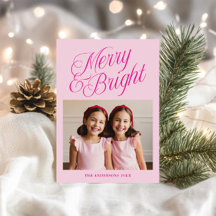Merry & Bright Calligraphy Pink Photo Holiday Card