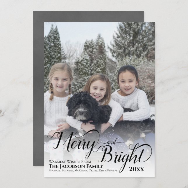 Merry & Bright Calligraphy Script Grey Photo Holiday Card (Front/Back)