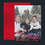 Merry & Bright Calligraphy Script Red Photo Holiday Card<br><div class="desc">This simple card is elegant and minimalist. It features a full frame photo with red calligraphy script reading "Merry and Bright." There is space for your names and the year. Beautiful way to sent warm wishes for Christmas or the holiday season.</div>