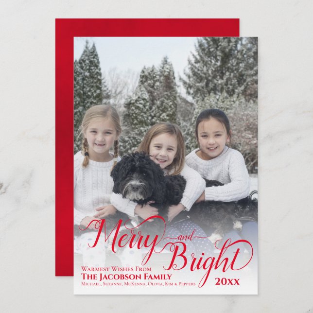 Merry & Bright Calligraphy Script Red Photo Holiday Card (Front/Back)
