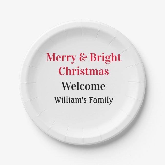 Merry Bright Christmas add family name welcome joy Paper Plate (Front)