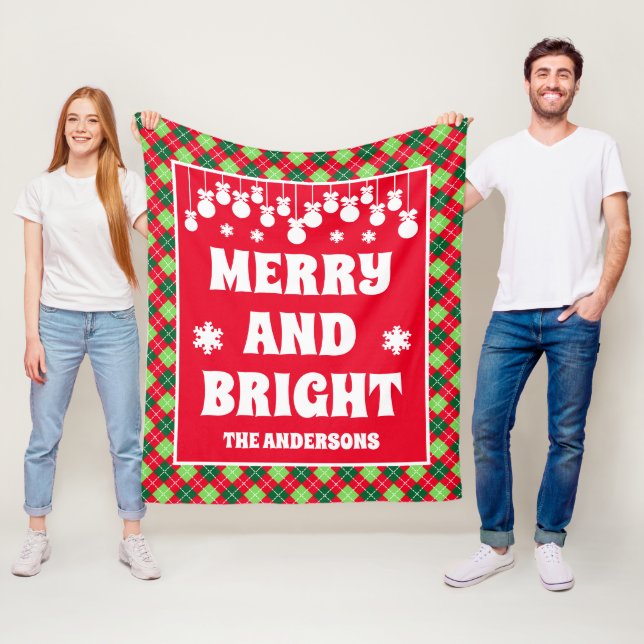 Merry & Bright Christmas Argyle Family Holiday Fleece Blanket (In Situ)