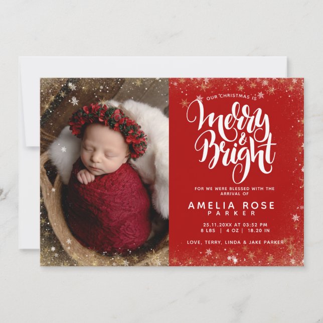 Merry Bright Christmas Baby Photo Snowflake Birth Announcement (Front)