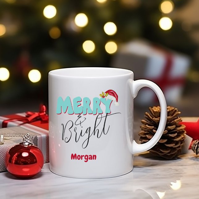 Merry & Bright Christmas Blue Red Festive Add Name Coffee Mug (Fun Merry and Bright Christmas mug, personalized with your name original art by Malissa Melrose)