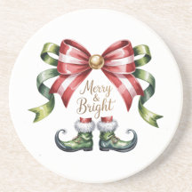 Merry & Bright Christmas Bow & Elf Shoes Coaster