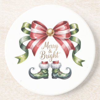 Merry & Bright Christmas Bow & Elf Shoes Coaster