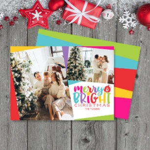 Merry & Bright Christmas Colourful Cute 2-Photo Holiday Card