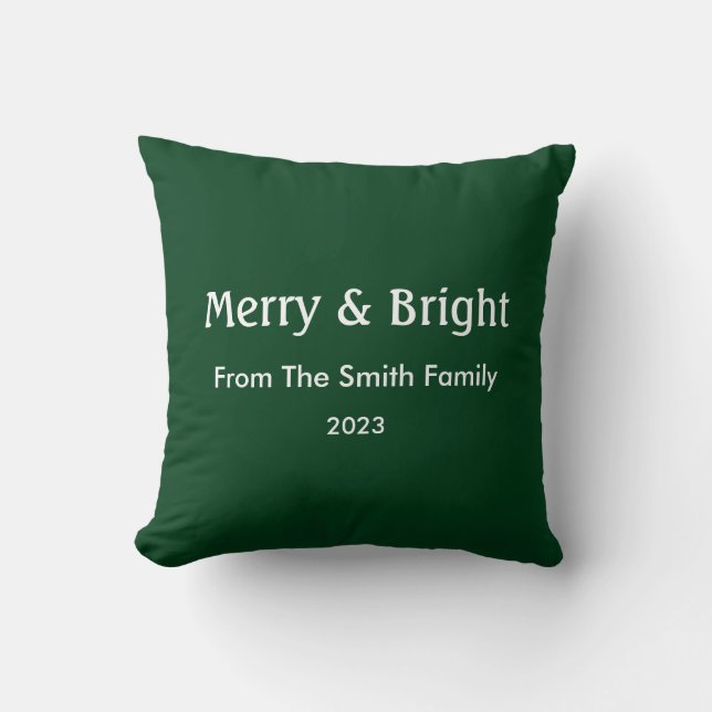 Merry & Bright Christmas Custom Name Hunter Green Cushion (Front)