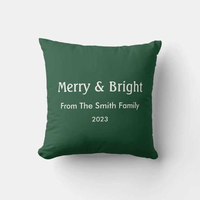 Merry & Bright Christmas Custom Name Hunter Green Cushion (Front)