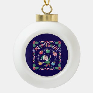 Merry & Bright Christmas Elf Cute Holiday Ceramic Ball Christmas Ornament