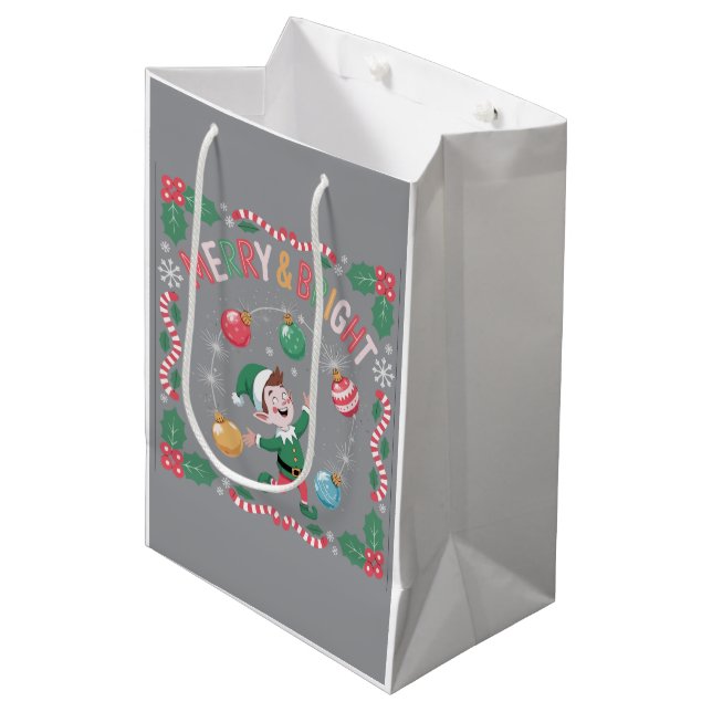  Merry & Bright Christmas Elf | Cute Holiday  Medium Gift Bag (Front Angled)
