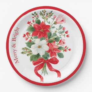 Merry & Bright Christmas Flower Bouquet Paper Plate