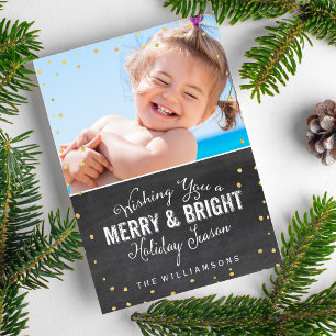 Merry & Bright Christmas Gold Confetti Photo Holiday Card