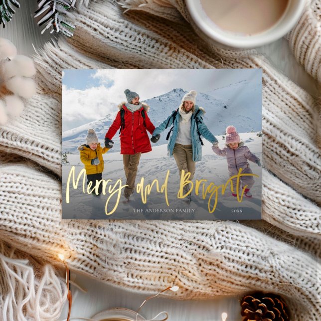 Merry & Bright Christmas Gold Foil & Photo Holiday Postcard (Creator Uploaded)
