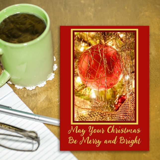 Merry & Bright Christmas Holiday Card (Traditional Red Ornament Merry & Bright Christmas Card)