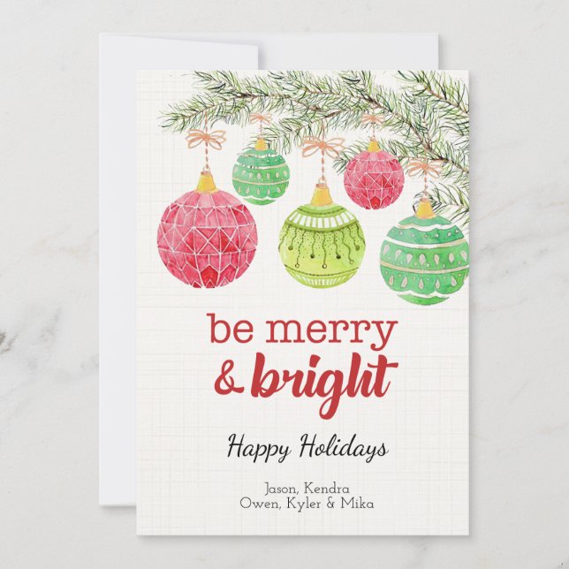 Merry & Bright Christmas Ornaments Flat Card (Front)