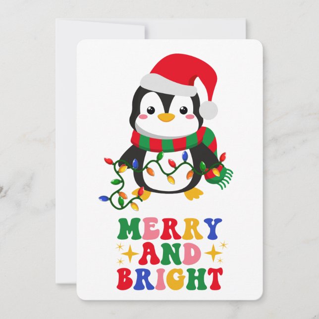 Merry & Bright Christmas Penguin Flat Holiday Card (Front)