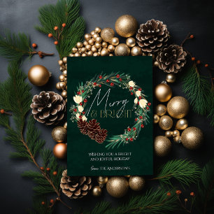 Merry & Bright Christmas Pine Cone Wreath Holiday  Invitation