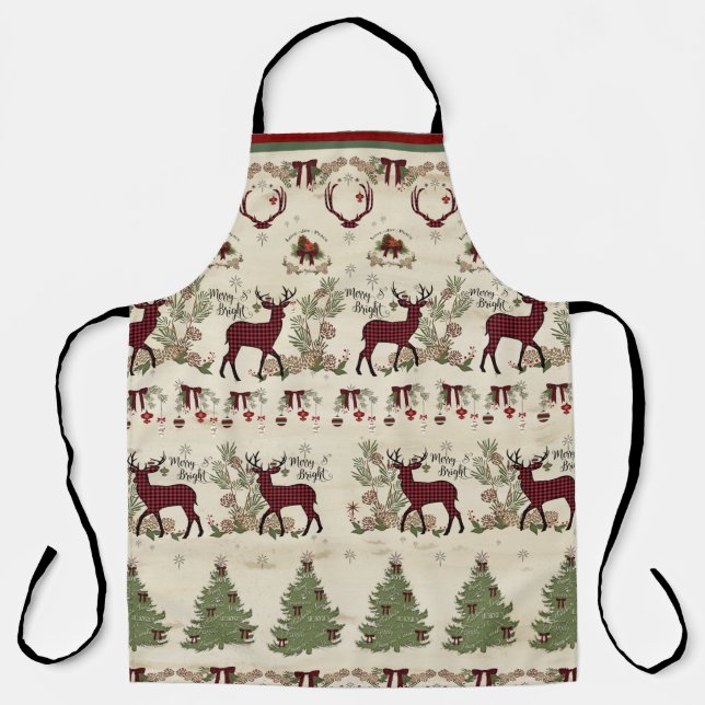 Merry Bright Christmas Pine Tree Deer Rustic Wood Apron (Front)