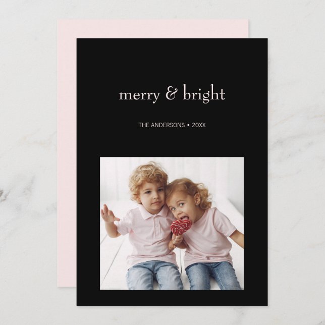 Merry & Bright Christmas Pink and Black Photo Holiday Card (Front/Back)