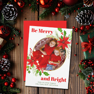 Merry & Bright Christmas Poinsettia Family Photo Holiday Card