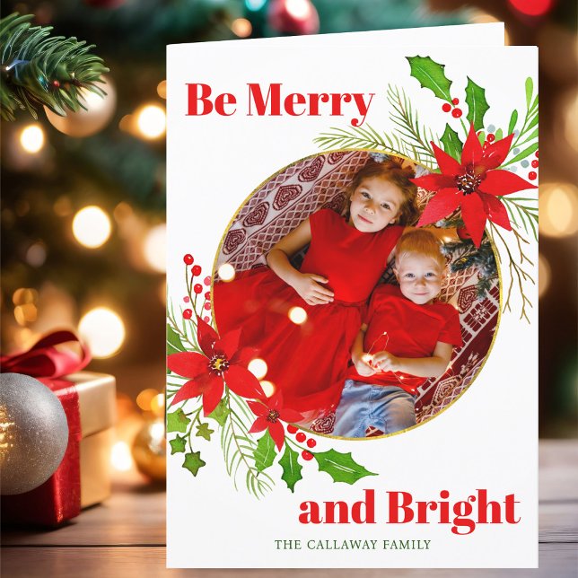 Merry & Bright Christmas Poinsettia Family Photo Holiday Card (Creator Uploaded)